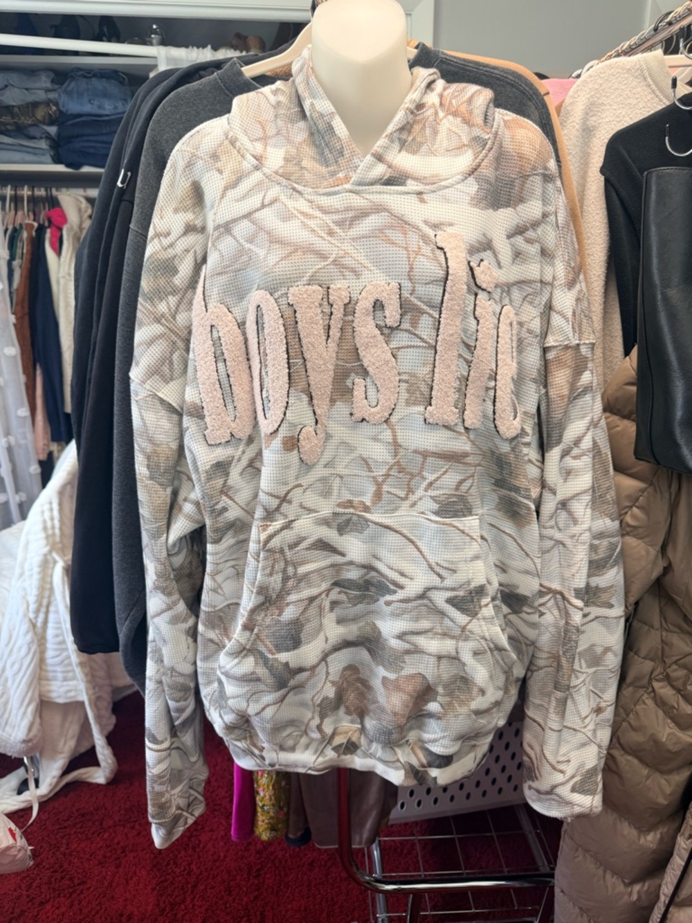BOYS LIE Light Camo Hooded Pullover with Pink Chenille Logo